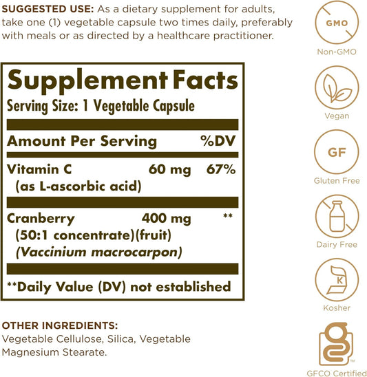 SOLGAR Cranberry with Vitamin C - 60 Vegetable Capsules - Supports Urinary & Bladder Health