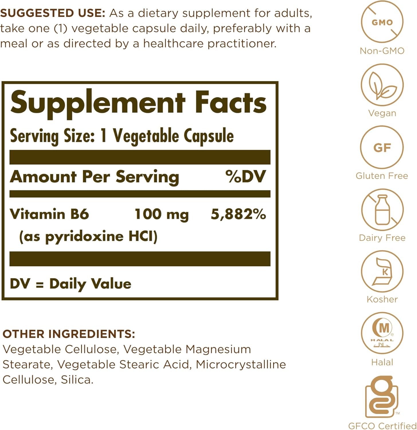 SOLGAR Vitamin B6 100 mg - 100 Vegetable Capsules - Non-GMO, Vegan, Gluten Free, Dairy Free, Kosher, Halal - 100 Servings