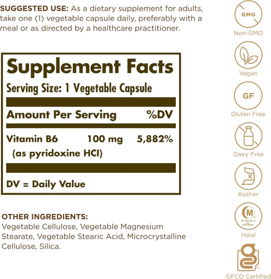 SOLGAR Vitamin B6 100 mg - 100 Vegetable Capsules - Non-GMO, Vegan, Gluten Free, Dairy Free, Kosher, Halal - 100 Servings