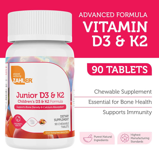 Zahler - Junior Vitamin D3 + K2 Chewable Tablets for Kids to Support Healthy Bones & Teeth Less Sugar Than Gummies (90 Count)