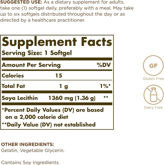 Solgar Soya Lecithin 1360 mg - 100 Softgels - Source of Choline - Gluten Free, Dairy Free - 100 Servings