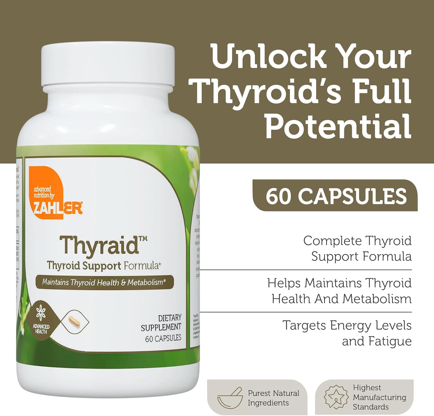 Zahler Thyraid - Thyroid Support Complex with Iodine, Zinc, L-Tyrosine, Ashwagandha, Forskholii - Pure Thyroid Support for Women and Men Thyroid Supplement (60 Capsules)