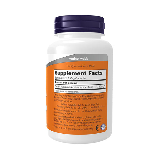 NOW Foods Supplements, GABA (Gamma-Aminobutyric Acid) 750mg, Neurotransmitter Support*, 100 Veg Capsules