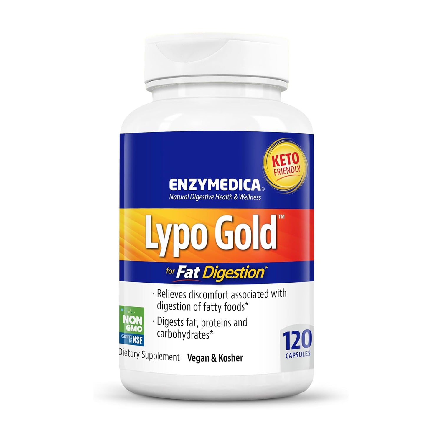 Enzymedica Lypo Gold, Digestive Enzymes for Fat Digestion, Offers Fast Acting Gas & Bloating Relief, 120 Counts