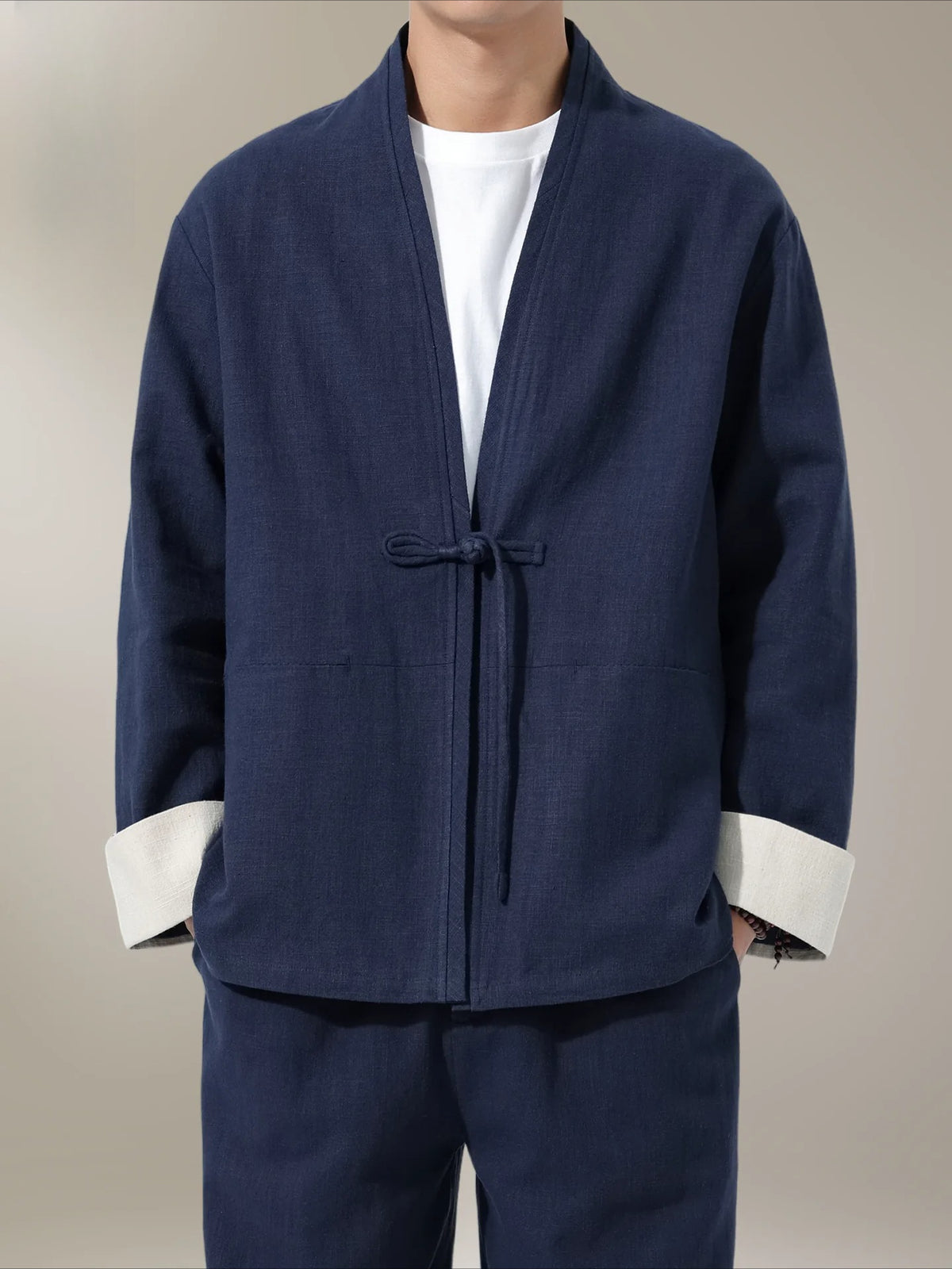 Large Size Men's Cotton Linen Kung Fu Uniform – Traditional 2-Piece Tang Suit for Tai Chi, Meditation & Daily Wear Navy blue Top