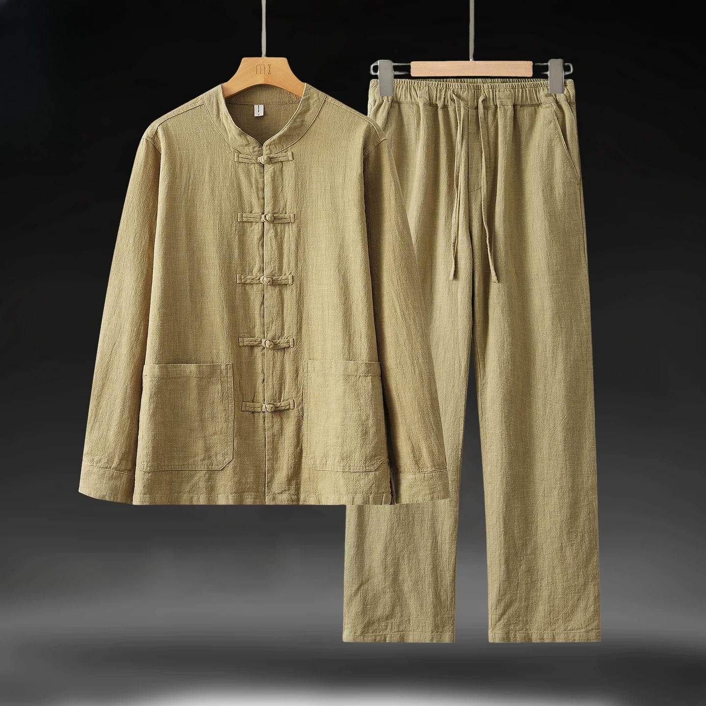 Ramie Stand Collar Men's Autumn Chinese Style Retro Long Sleeved Cotton Linen Shirt Suits Ochre