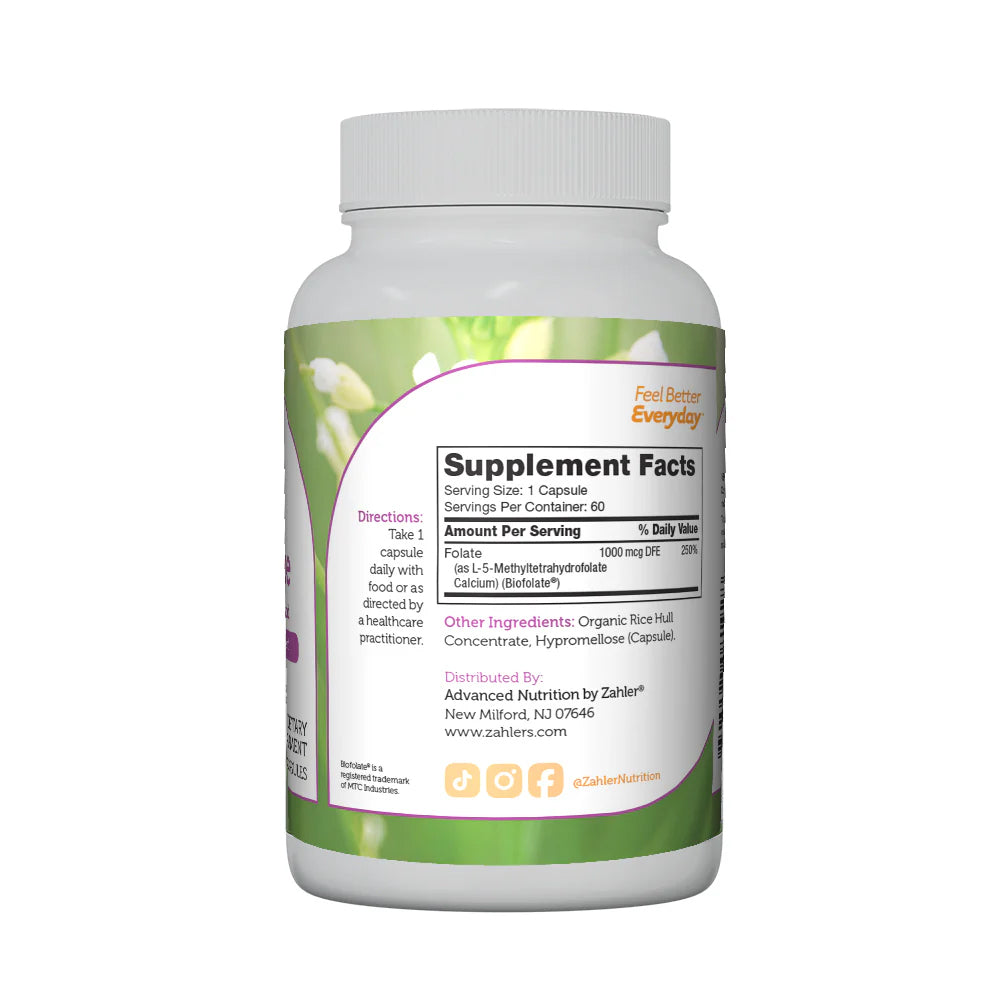 Zahler Methylfolate - Supports Healthy Fetal Development and Genetic Health 1,000 mcg DFE, 60 Capsules