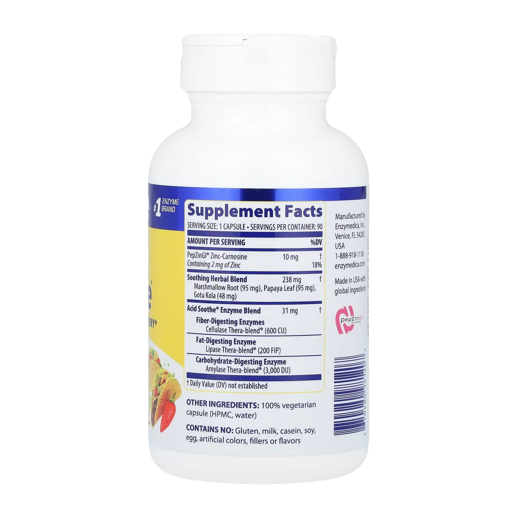 Enzymedica, Acid Soothe, Support for Occasional Heartburn, 3-in-1 Formula with Enzymes & Soothing Herbs, 90 Count