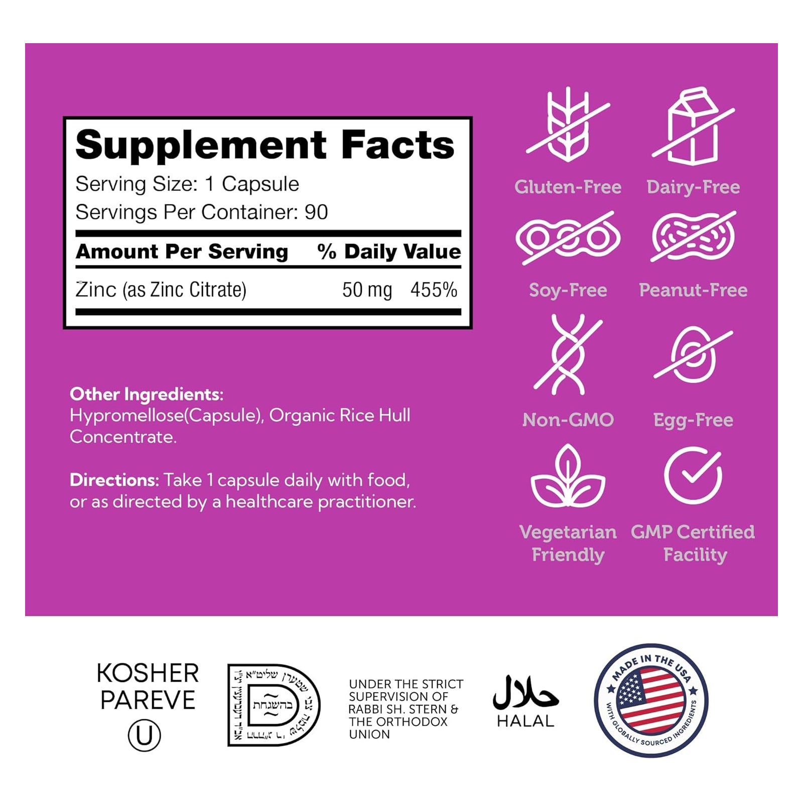 Zahler Zinc 50mg, Supports Immune and Antioxidant Protection, Certified Kosher, 90 Capsules