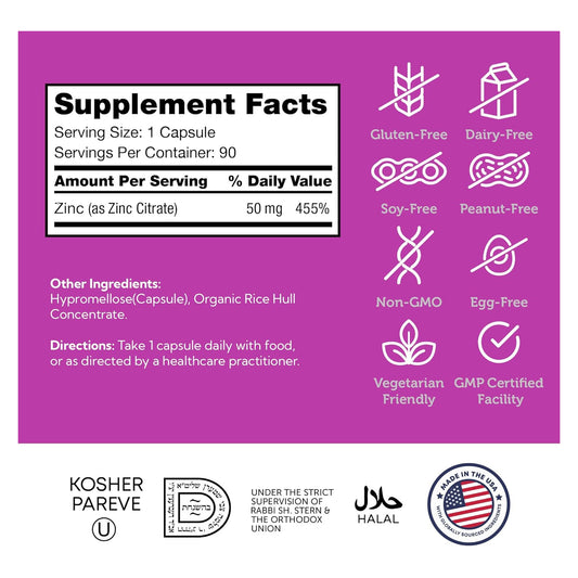 Zahler Zinc 50mg, Supports Immune and Antioxidant Protection, Certified Kosher, 90 Capsules