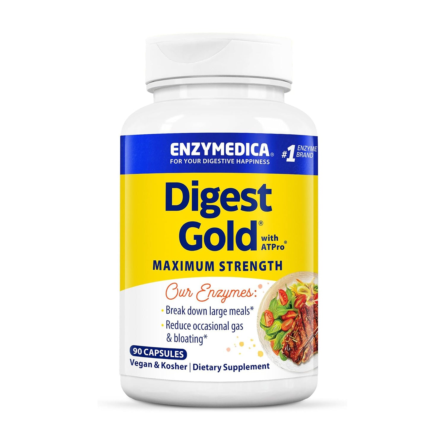 Enzymedica Digest Gold + ATPro, Maximum Strength, Fast-Acting, Helps Digest Large Meals, for Bloating and Gas, 90 Capsules