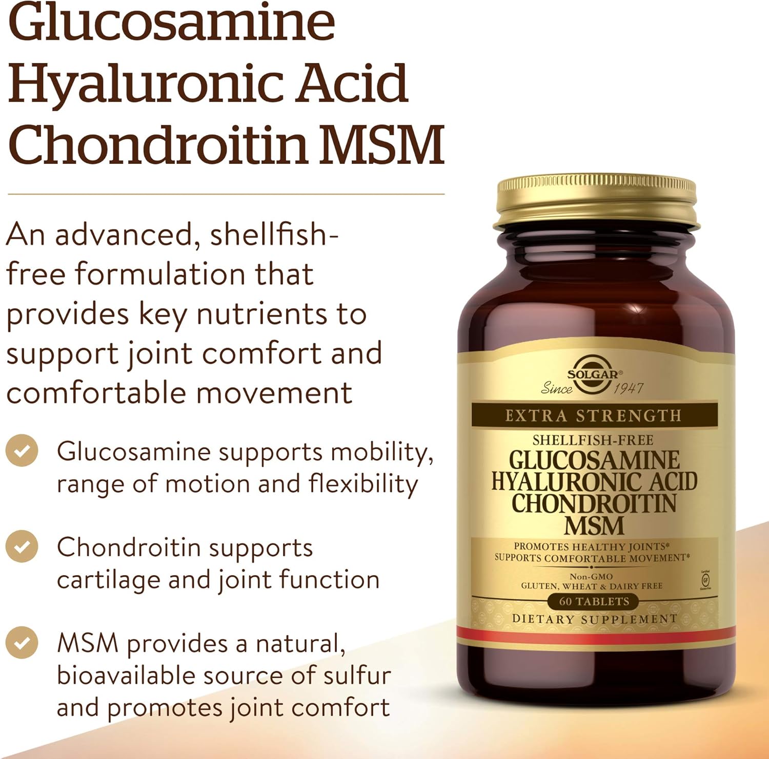 Solgar Glucosamine Hyaluronic Acid Chondroitin MSM (Shellfish-Free), 60 Tablets - Joint Support & Comfort - Supports Active Lifestyles