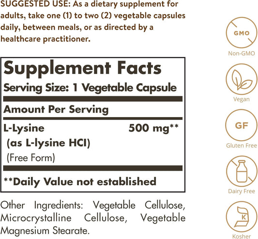 Solgar L-Lysine 500 mg, 250 Vegetable Capsules - Enhanced Absorption & Assimilation - Promotes Integrity of Skin & Lips