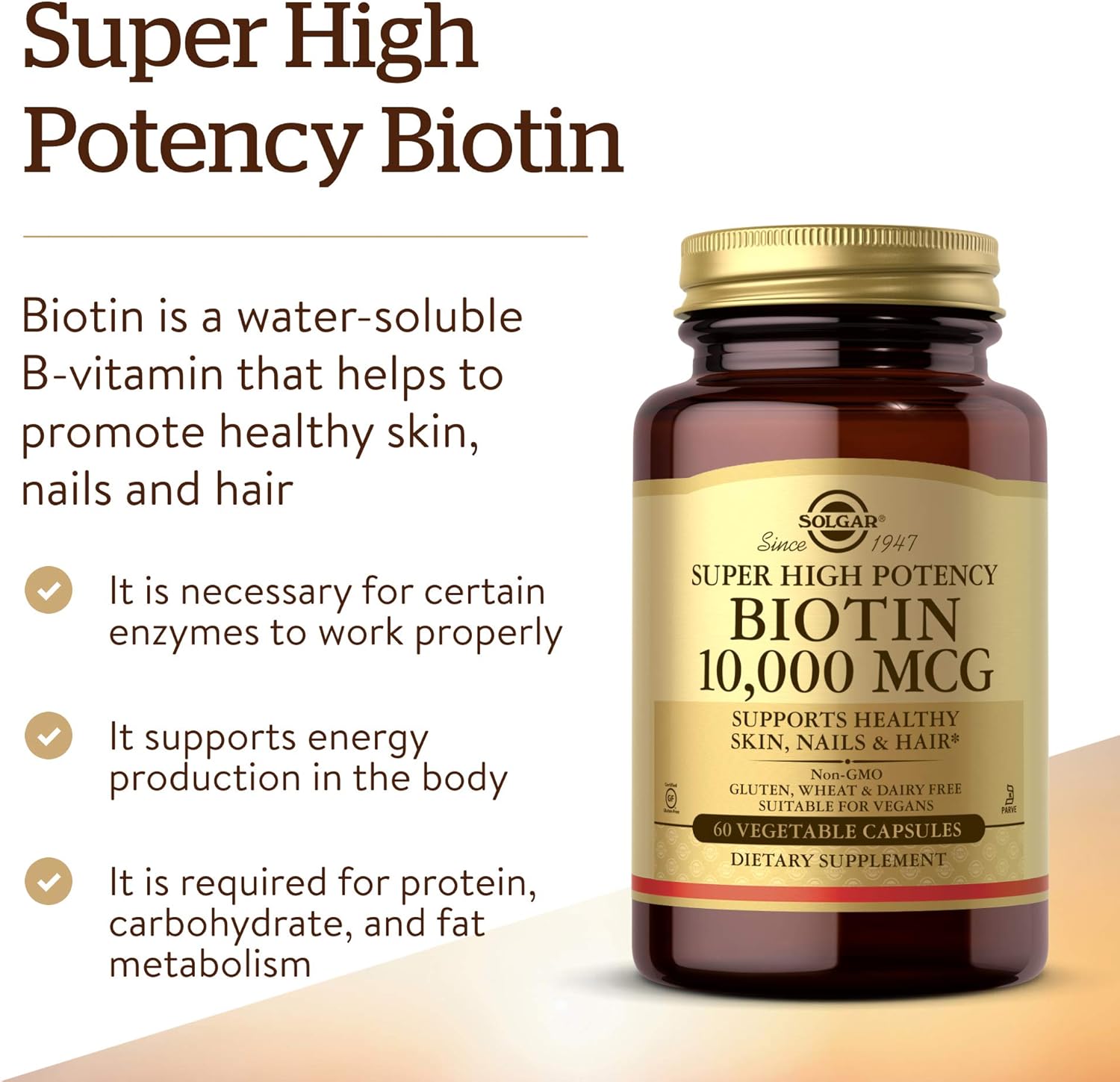 Solgar Biotin 10,000 mcg, 60 Vegetable Capsules - Energy, Metabolism, Promotes Healthy Skin, Nails & Hair