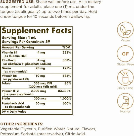 Solgar Sublingual Liquid B-12 2000 mcg with B-Complex - 2 fl oz - Supports Production of Energy, Red Blood Cells, Healthy Nervous System & Heart Health