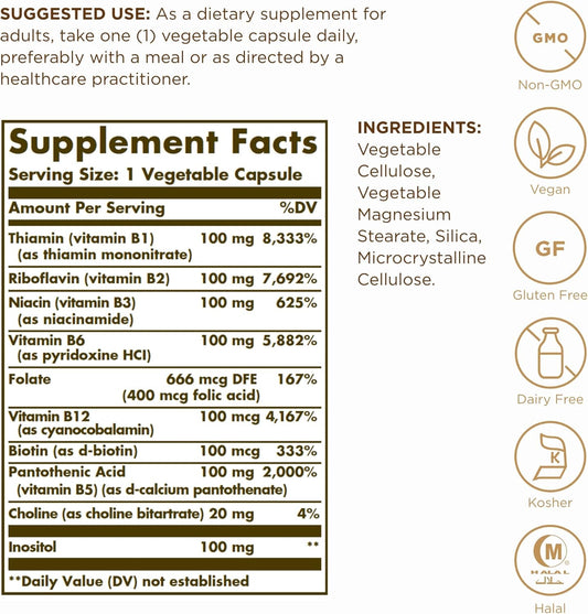 SOLGAR B-Complex 100" - 100 Tablets - Energy Metabolism, Cardiovascular Health, Nervous System Support