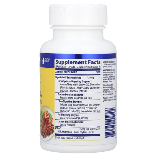 Enzymedica Digest Gold + ATPro, Maximum Strength, Fast-Acting, Helps Digest Large Meals, for Bloating and Gas, 90 Capsules