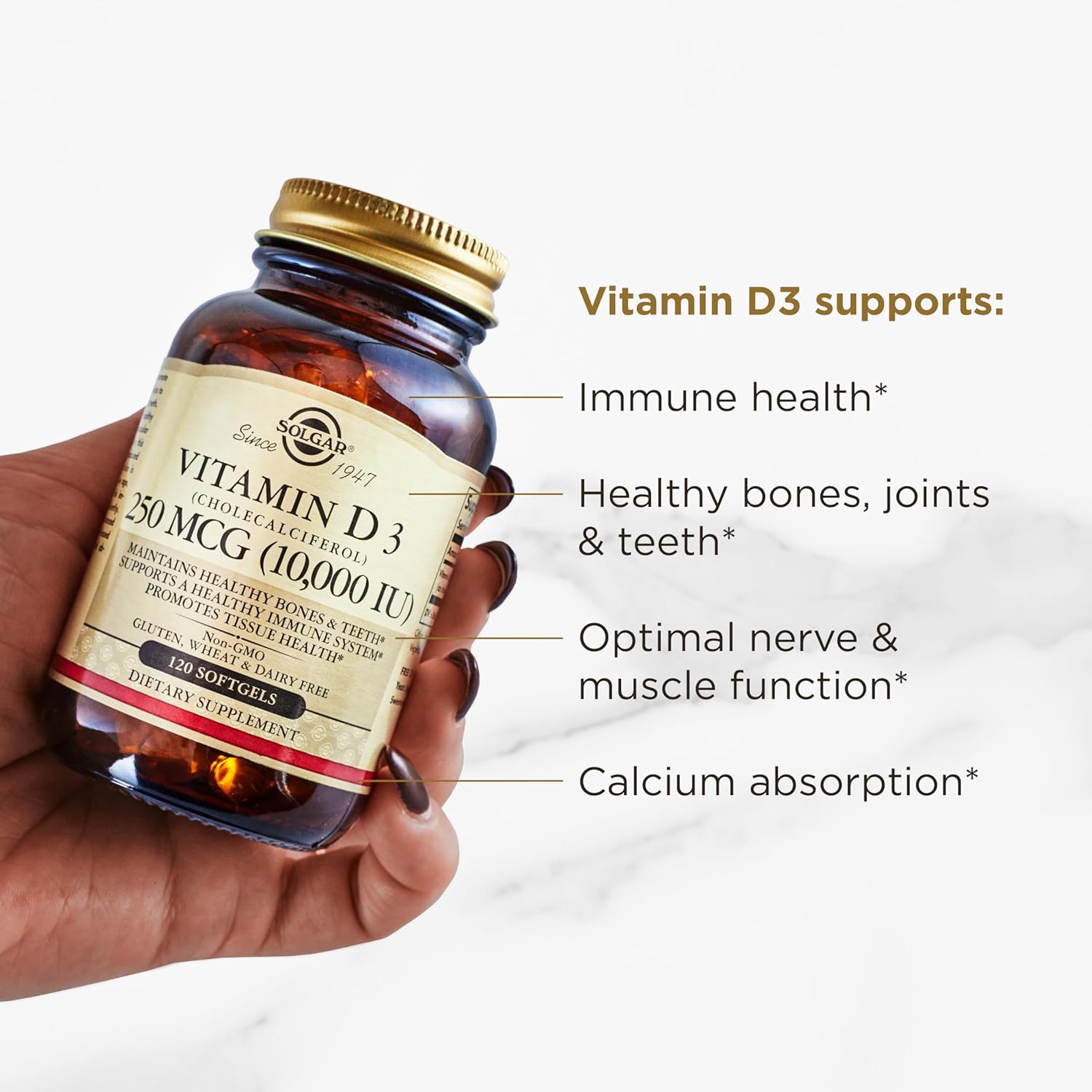 Solgar Vitamin D3 (Cholecalciferol) 250 MCG (10,000 IU), 120 Softgels - Helps Maintain Healthy Bones & Teeth - Immune System Support
