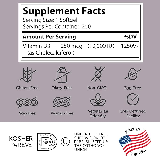 Zahler - Advanced Vitamin D3 10,000 IU Softgels (250Count)  Immune Support, Bone, Teeth & Muscle Health