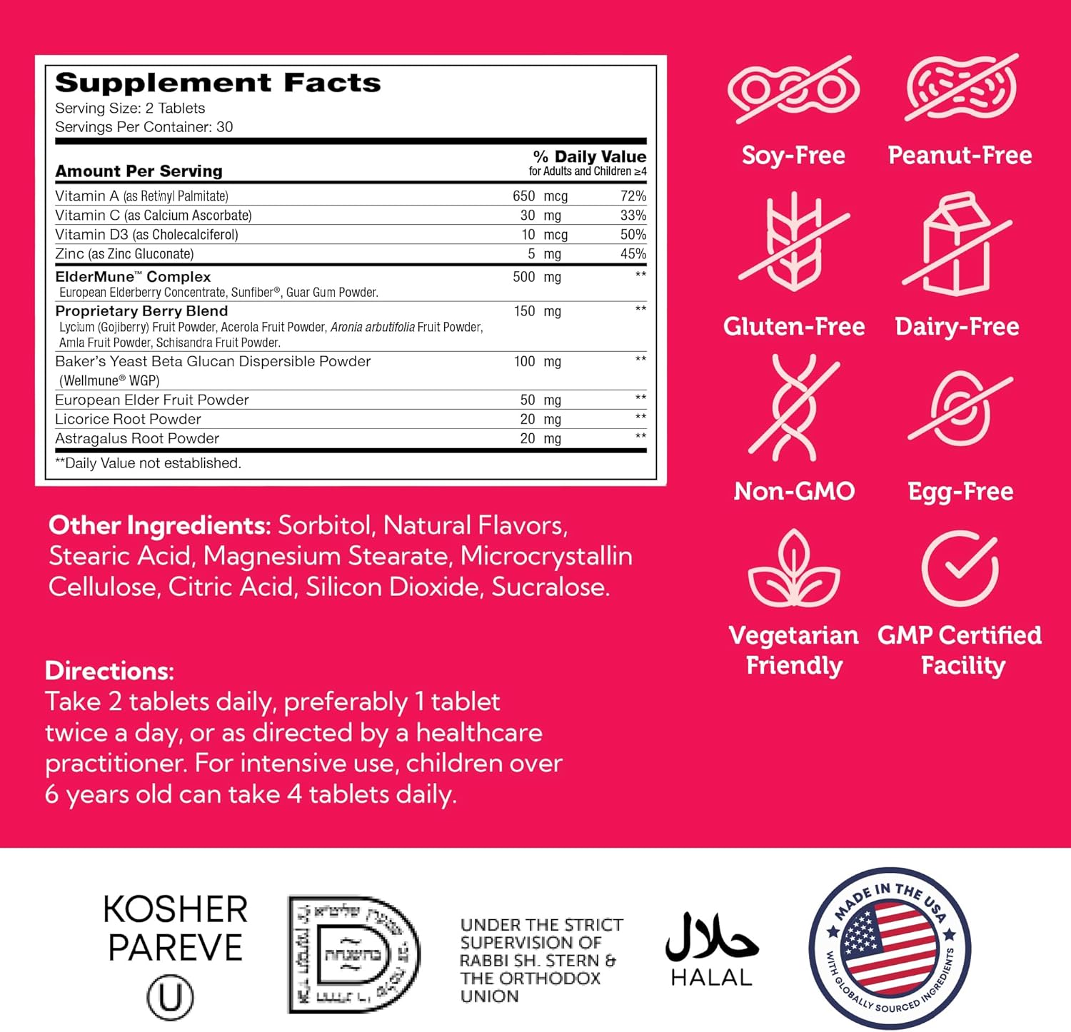 Zahler Kids Immune Support Supplement with Elderberry, Zinc and Vitamin C D3 A - Grape Flavored Chewable Tablets 60 Count