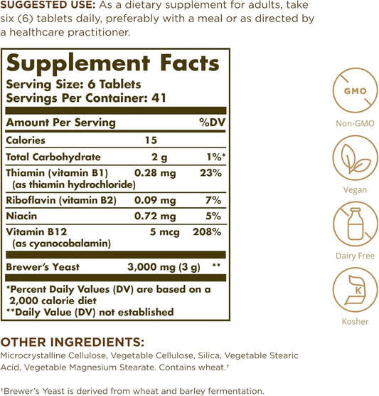 Solgar Brewer's Yeast 7 ½ Grains with Vitamin B12 - 250 Tablets - Non-GMO, Vegan, Dairy Free, Kosher - 41 Servings