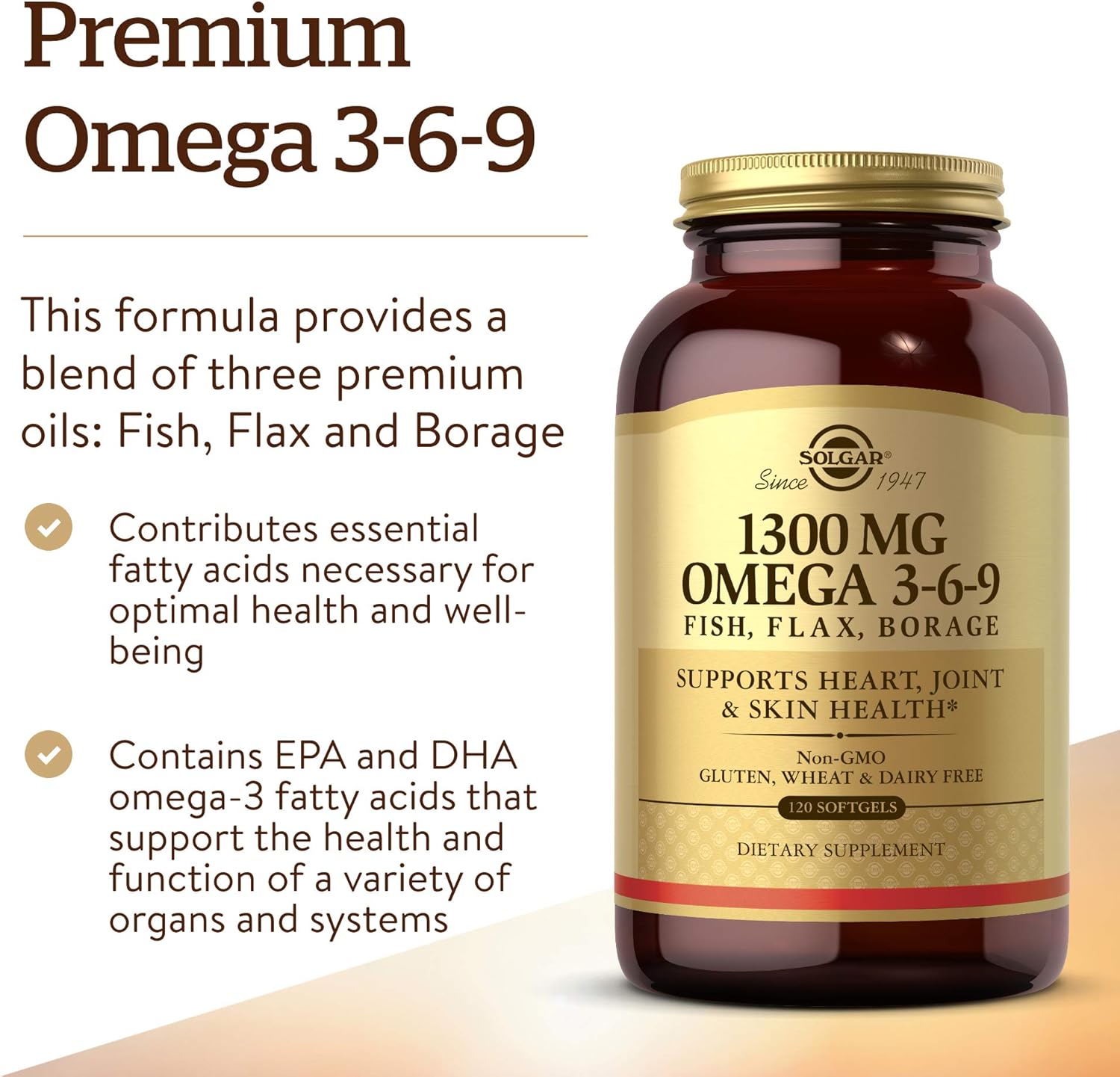 Solgar 1300 mg Omega 3-6-9, 120 Softgels - Fish Oil Supplement - Support for Heart, Joint & Skin Health