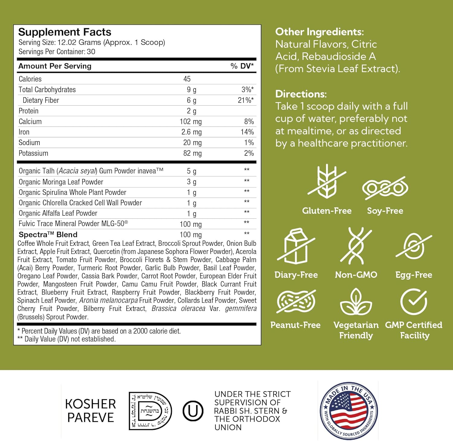 Zahler Core Greens Powder - Organic Greens Superfood Powder Citrus Flavor 360g