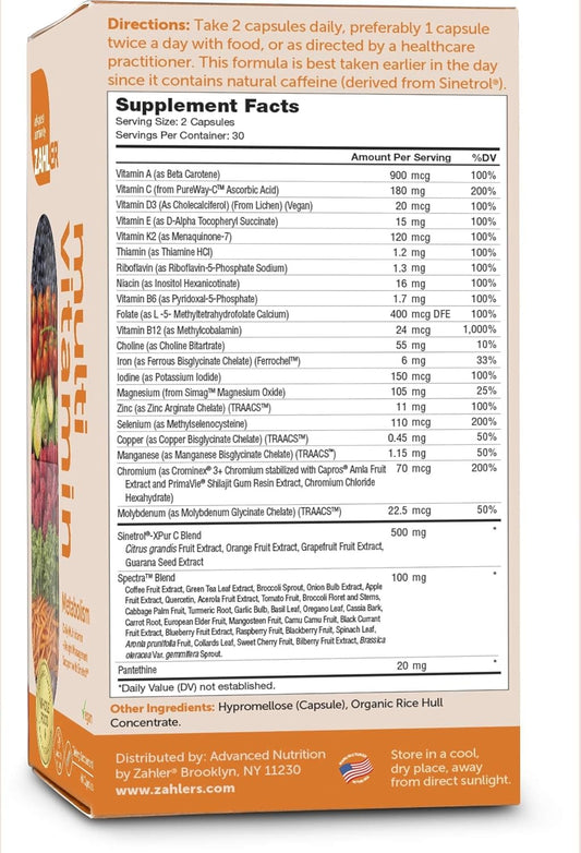 Zahler Multivitamin Metabolism + Weight Management Support for Women and Men with Iron, Certified Kosher, 60 Capsules