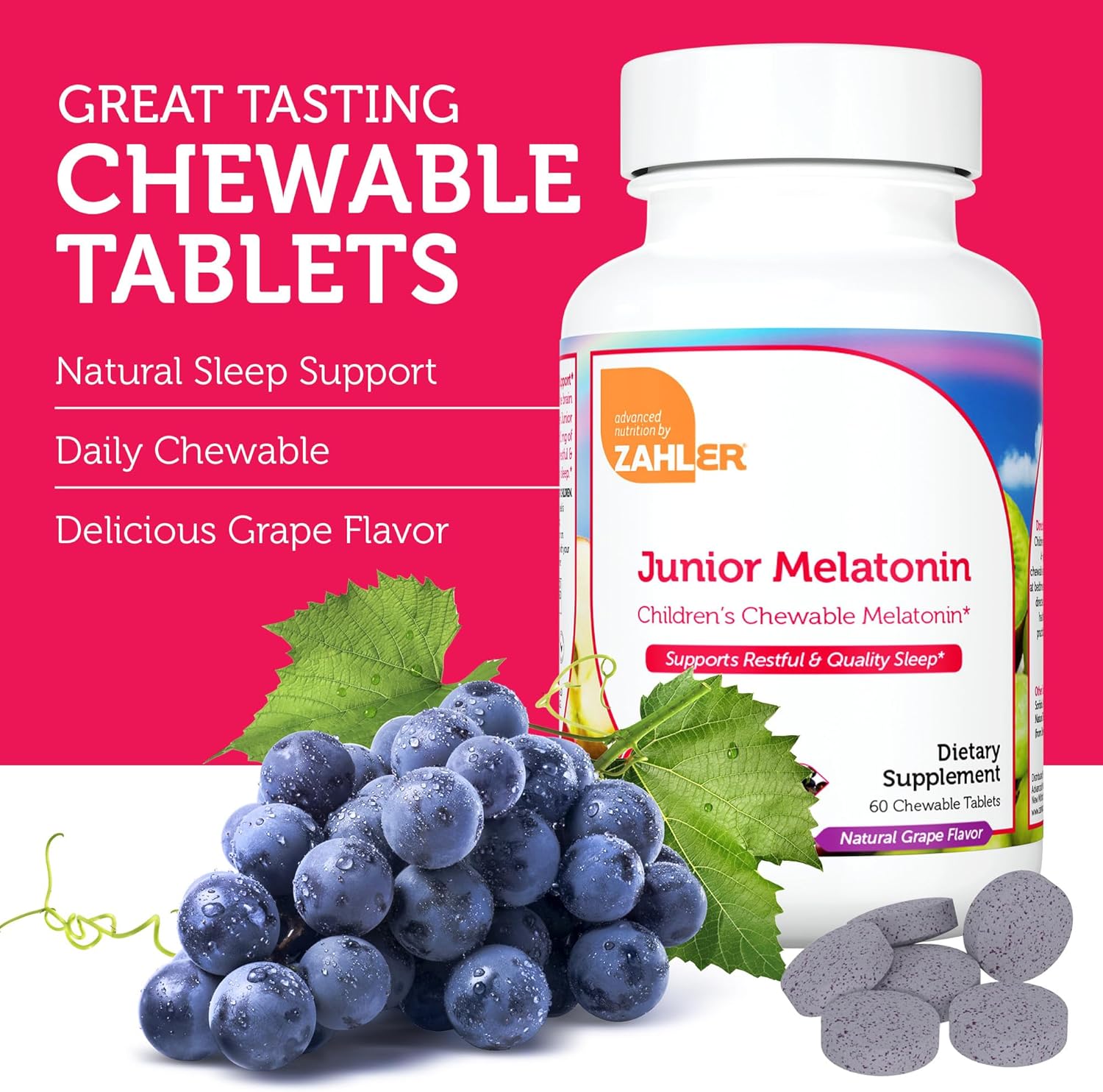 Zahler Junior Melatonin, Natural Grape, 60 Chewable Tablets (1 mg per Tablet)
