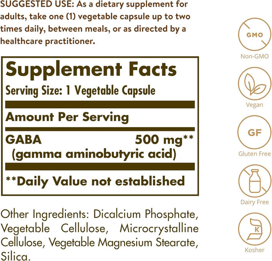 Solgar GABA 500 mg, 100 Vegetable Capsules - Relaxation & Nervous System Support - Amino Acid