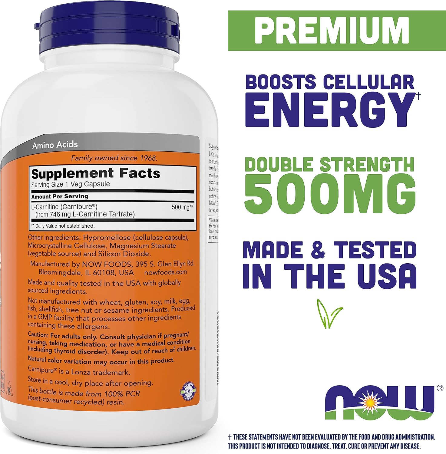 NOW Foods L-Carnitine 500 mg, 100 Veg Caps - Fitness Support- Amino Acid Health