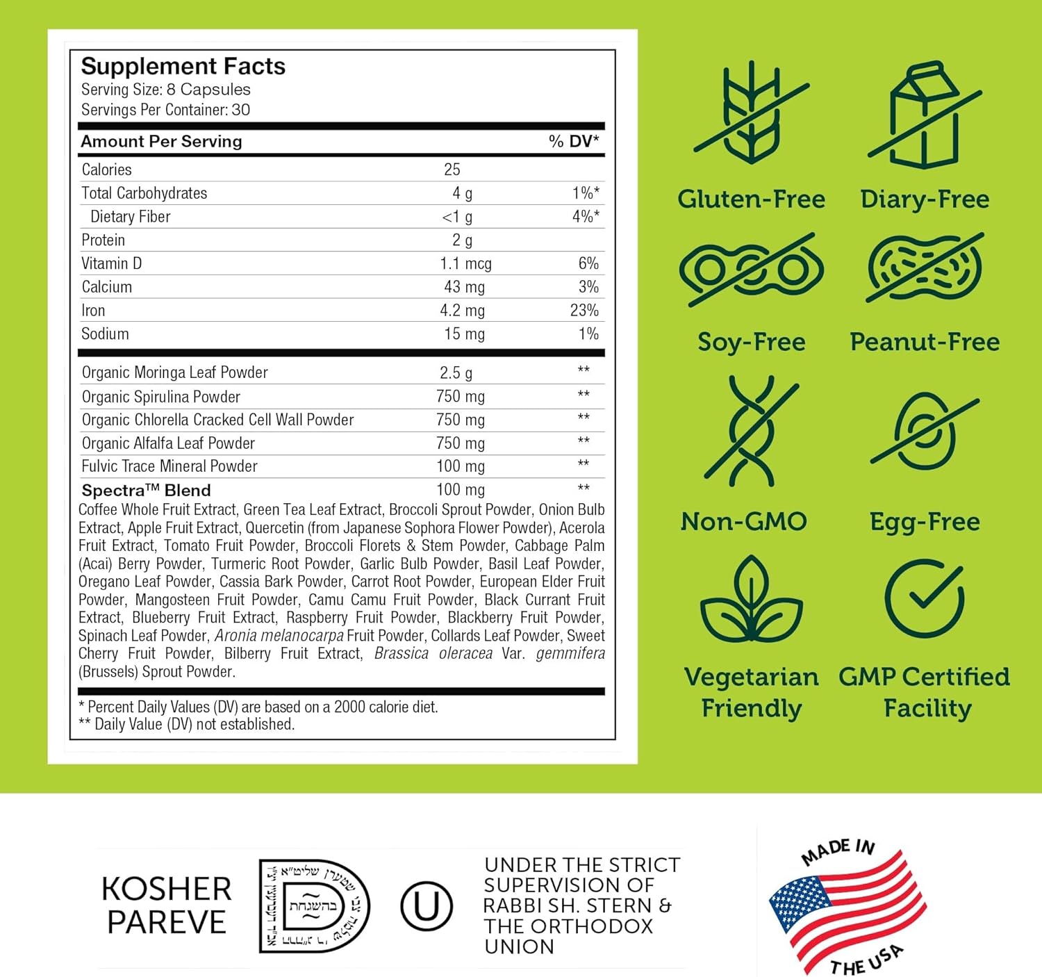 Zahler Core Greens, Superfood Greens Capsules, Super Greens with Spirulina, Chlorella, Spectra Blend and More, Kosher, 240 Capsules