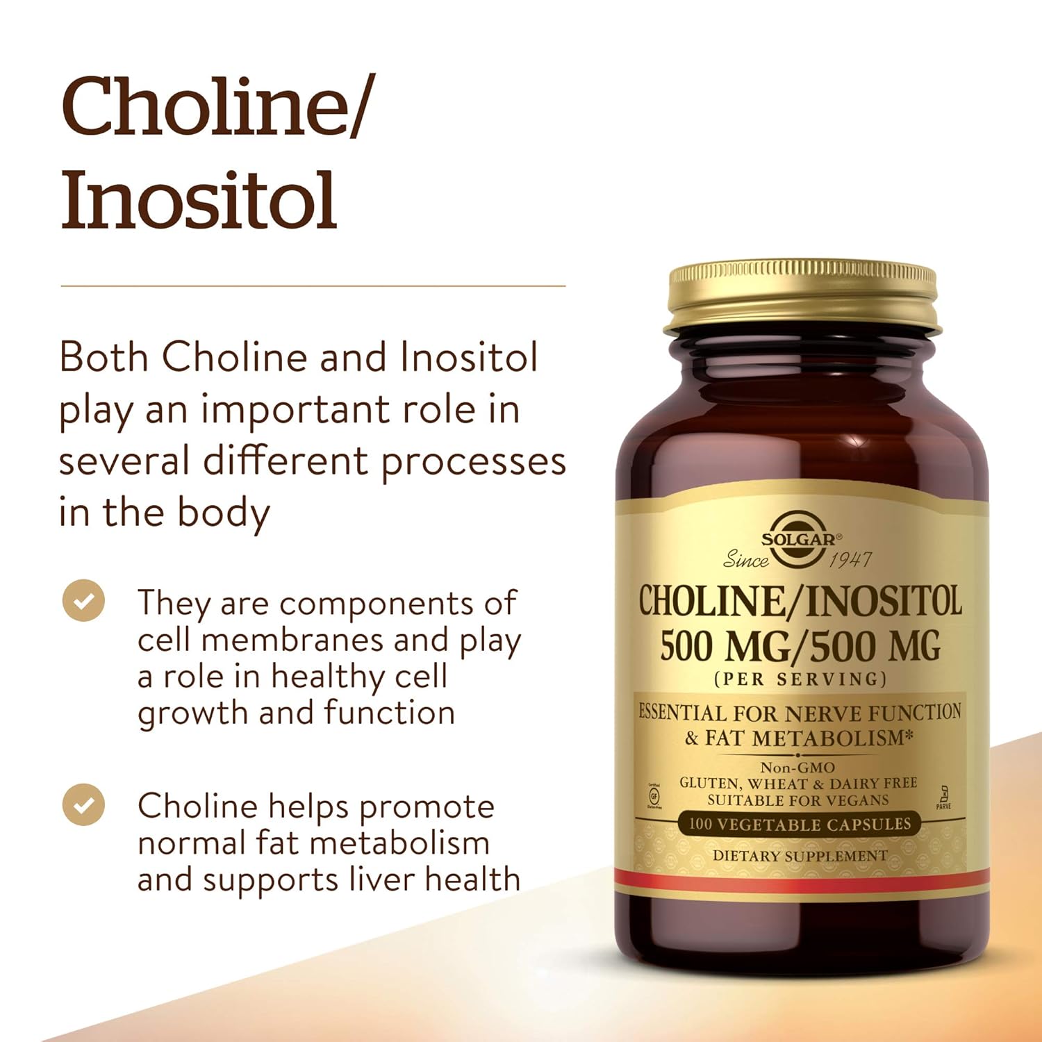 Solgar Choline/Inositol 500 mg/500 mg, 100 Vegetable Capsules - Energy Metabolism, Liver Health, Essential for Brain & Nerve Function