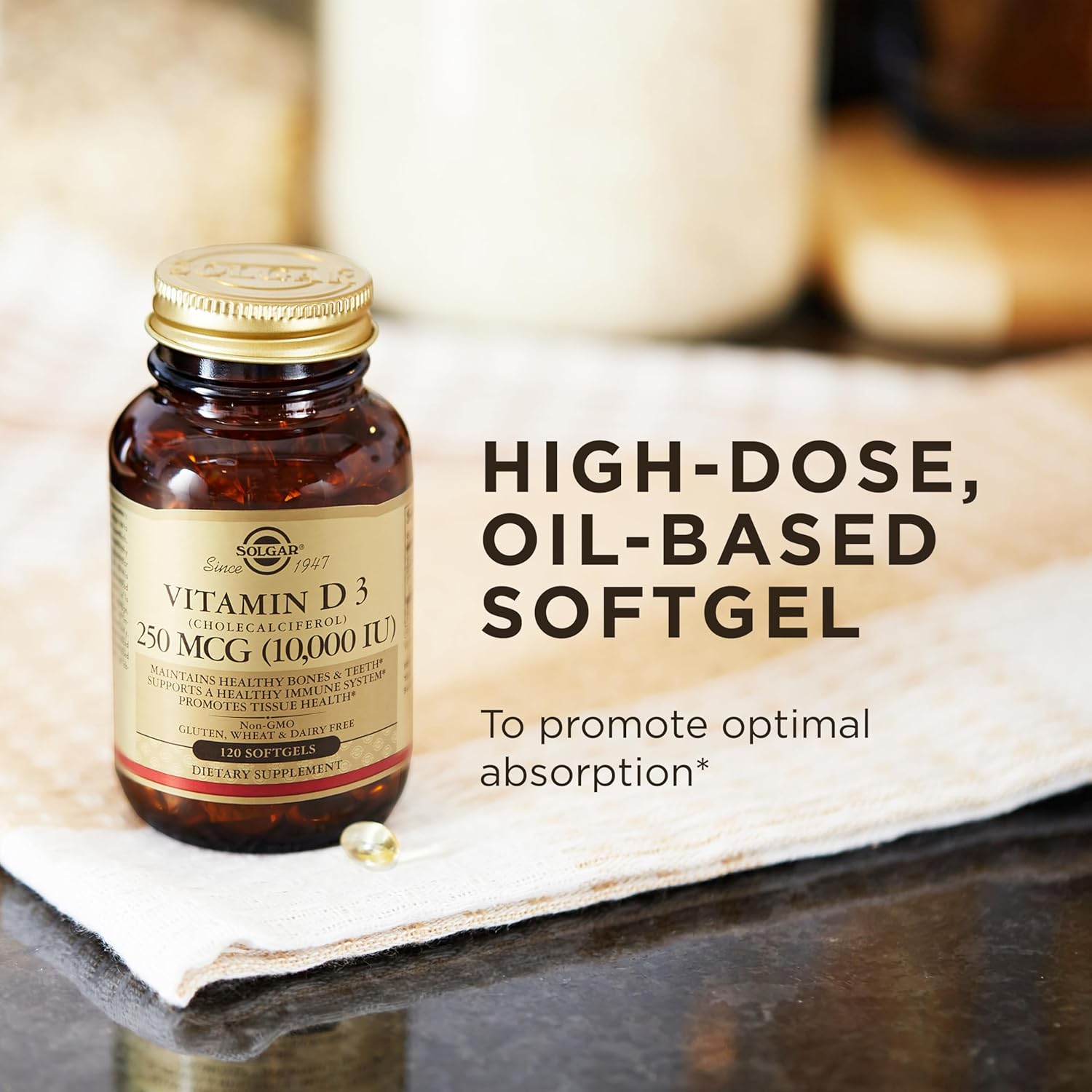 Solgar Vitamin D3 (Cholecalciferol) 250 MCG (10,000 IU), 120 Softgels - Helps Maintain Healthy Bones & Teeth - Immune System Support