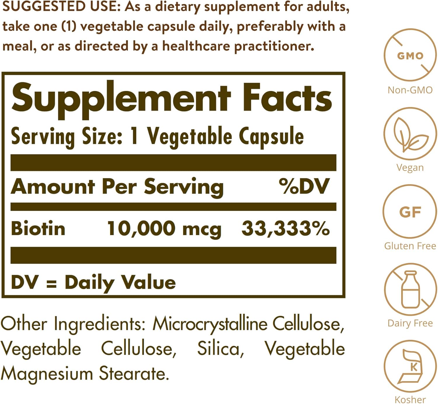 Solgar Biotin 10000 mcg Vegetable Capsules Energy Metabolism Promotes Healthy Skin Nails Hair Super High Potency NonGMO Vegan Gluten Free Dairy Free Kosher Servings, Standard Packaging, Unflavored, 120 Count