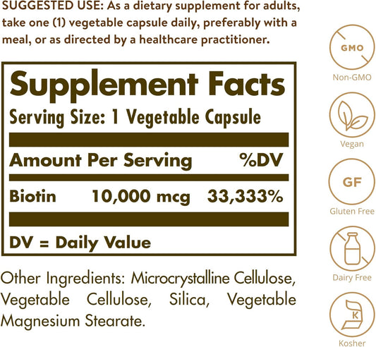 Solgar Biotin 10,000 mcg, 60 Vegetable Capsules - Energy, Metabolism, Promotes Healthy Skin, Nails & Hair