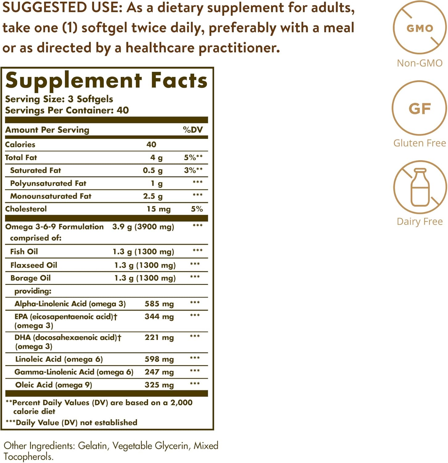 Solgar 1300 mg Omega 3-6-9, 120 Softgels - Fish Oil Supplement - Support for Heart, Joint & Skin Health