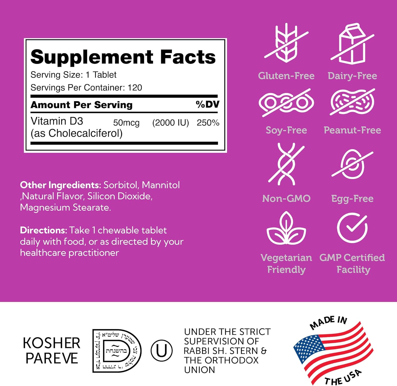 Zahler Vitamin D3 CHEWABLE 2000IU Certified Kosher, 120 Great Tasting Orange Flavored Tablets