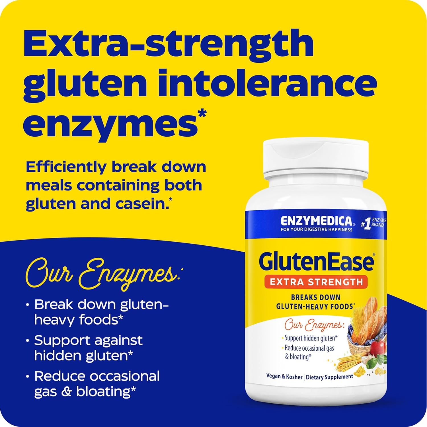 Enzymedica, GlutenEase Extra Strength, Maximum Potency Digestive Enzymes, Supports Gluten & Casein Intolerance, 30 Count