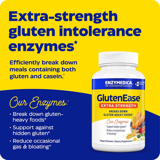Enzymedica, GlutenEase Extra Strength, Maximum Potency Digestive Enzymes, Supports Gluten & Casein Intolerance, 30 Count