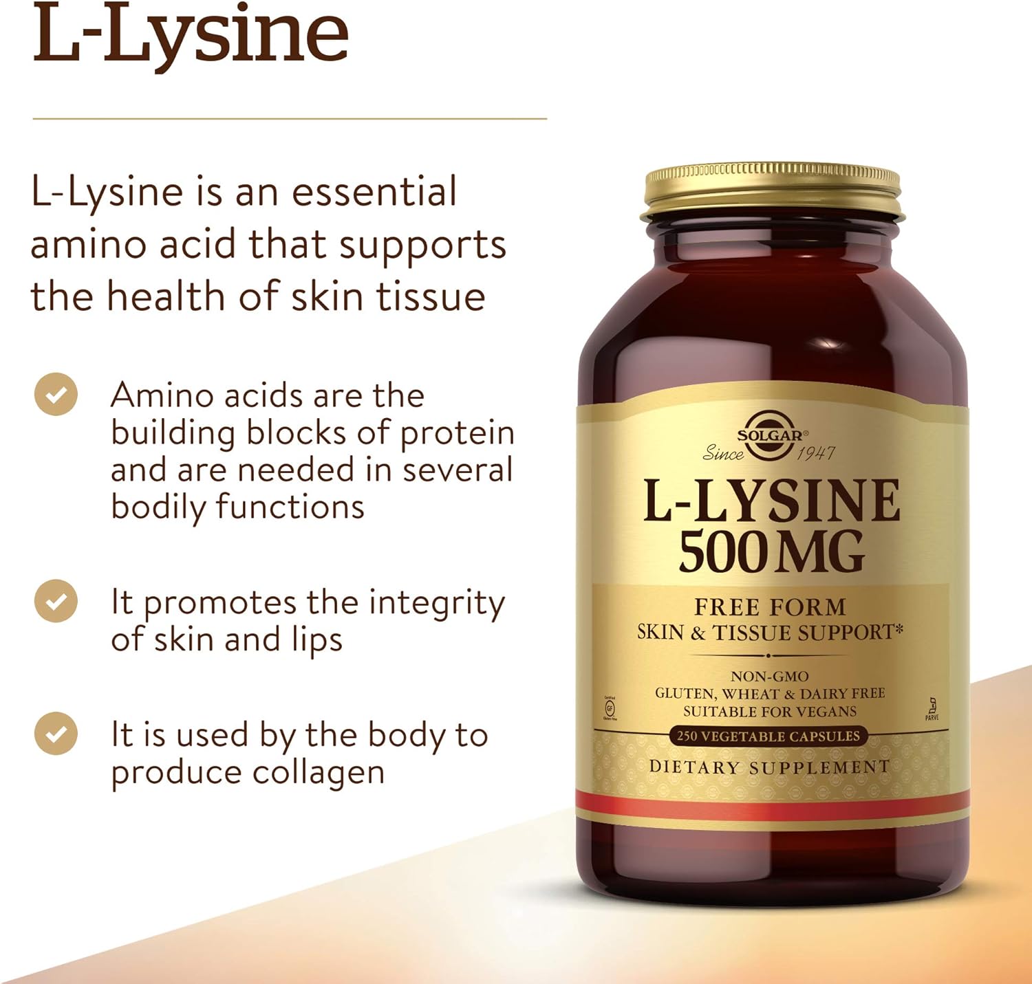 Solgar L-Lysine 500 mg, 250 Vegetable Capsules - Enhanced Absorption & Assimilation - Promotes Integrity of Skin & Lips