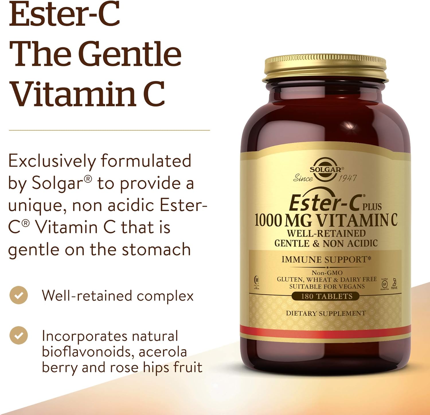 Solgar Ester-C Plus 1000 mg Vitamin C (Ascorbate Complex) - 180 Tablets - Gentle & Non Acidic - Supports Upper Respiratory Health