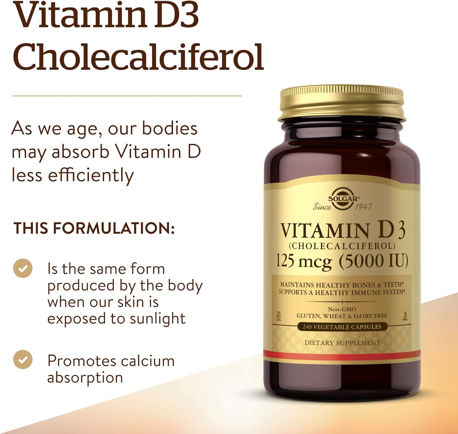 Solgar Vitamin D3 (Cholecalciferol) 125 mcg (5000 IU), 240 Vegetable Capsules - Helps Maintain Healthy Bones & Teeth - Immune System Support