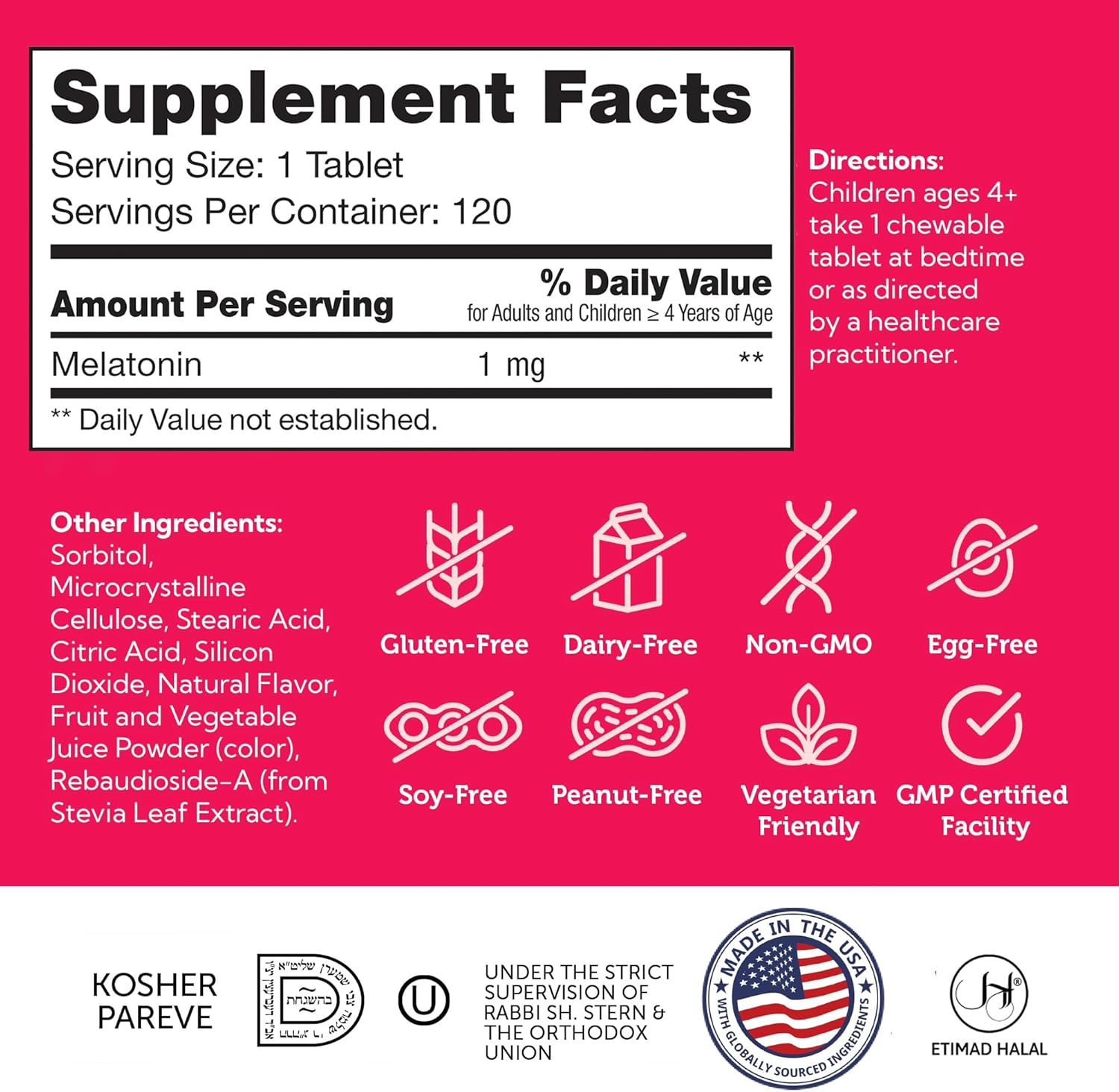 Zahler 1MG Children's Melatonin for Kids - Sleep Support and Quality Rest for Ages 4+ Delicious Natural Grape Flavor Childrens Melatonin 1 MG (120)