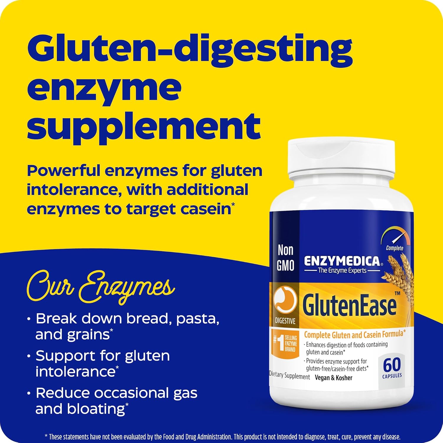 Enzymedica GlutenEase, Digestive Enzymes for Food Intolerance, Offers Fast Acting Gas & Bloating Relief, 60 Count