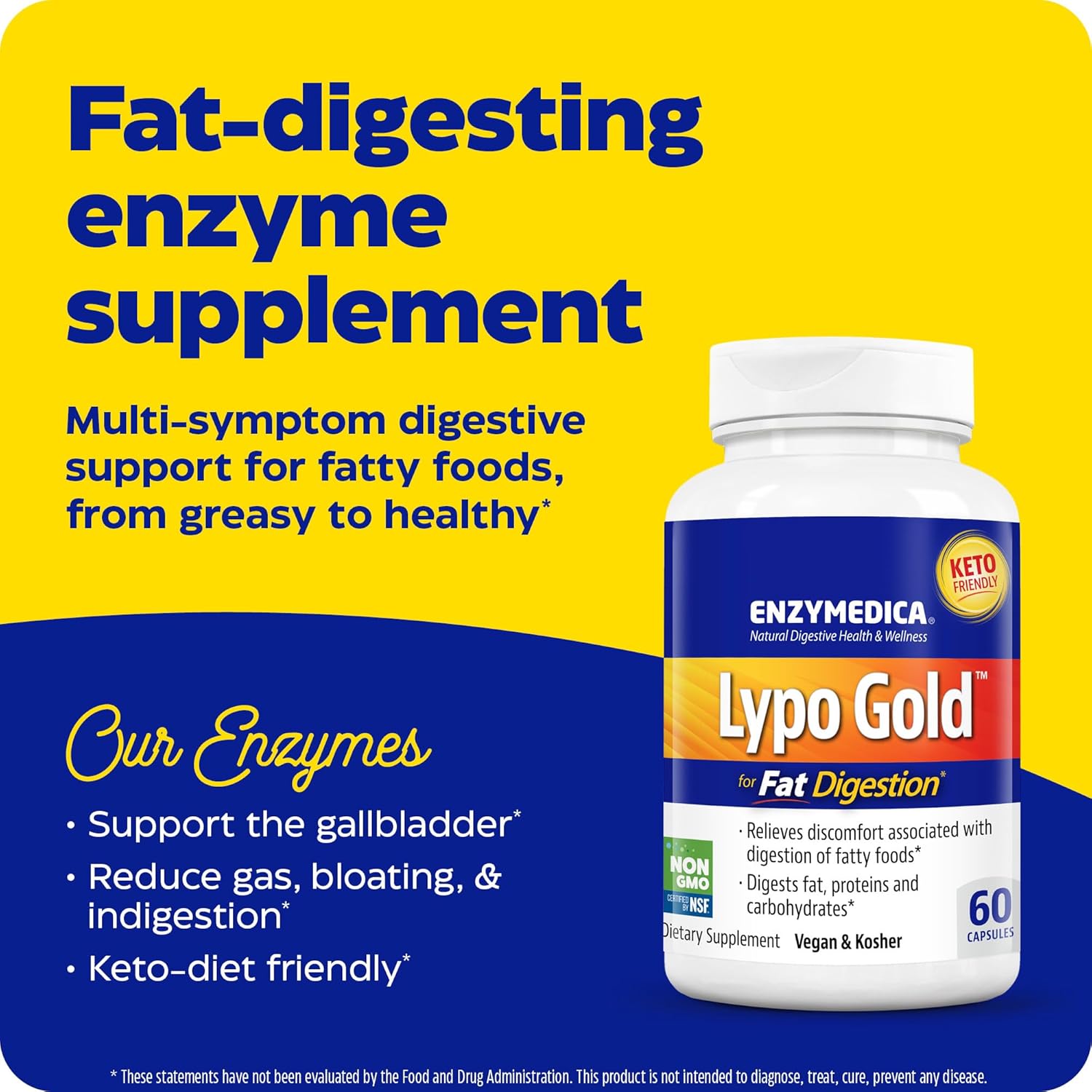 Enzymedica Lypo Gold, Digestive Enzymes for Fat Digestion, Offers Fast Acting Gas & Bloating Relief, 60 Count