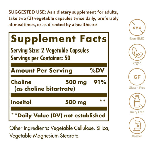 Solgar Choline/Inositol 500 mg/500 mg, 100 Vegetable Capsules - Energy Metabolism, Liver Health, Essential for Brain & Nerve Function