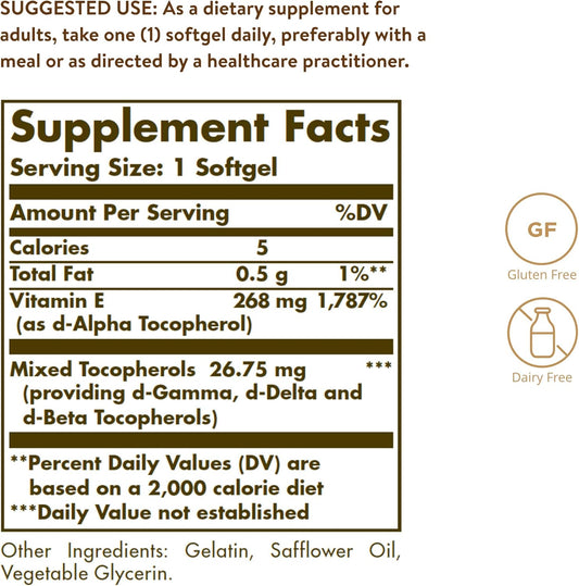 Solgar Vitamin E 268 MG (400 IU) (d-Alpha Tocopherol & Mixed Tocopherols), 100 Softgels - Supports Immune System & Skin Nutrition