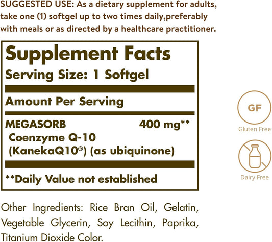 Solgar Megasorb CoQ-10 400 mg, 60 Softgels - Supports Heart & Brain Function