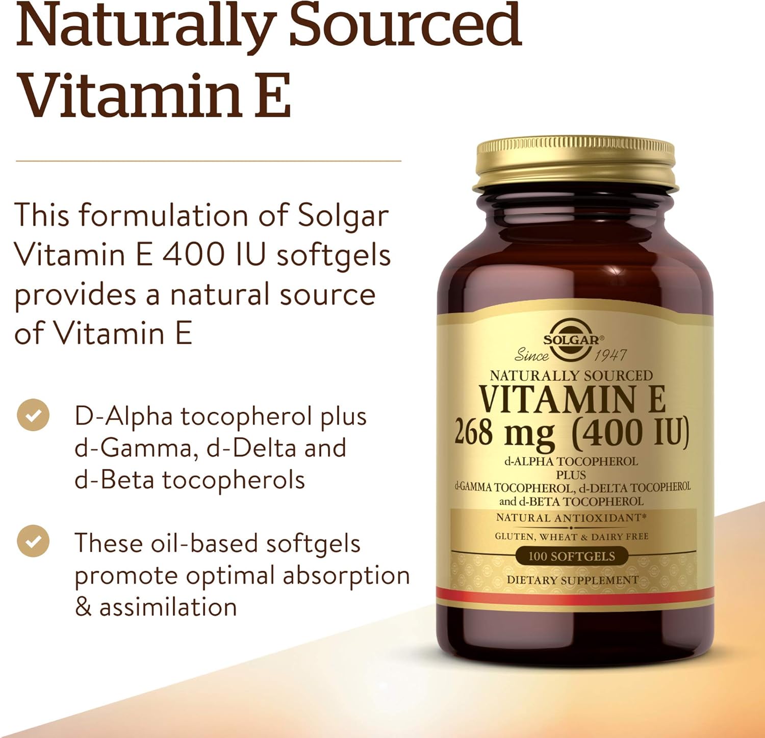 Solgar Vitamin E 268 MG (400 IU) (d-Alpha Tocopherol & Mixed Tocopherols), 100 Softgels - Supports Immune System & Skin Nutrition